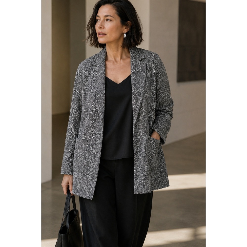 Eileen Fisher Organic Cotton Tweed Blazer Easy Fit Dove Open Front 1X